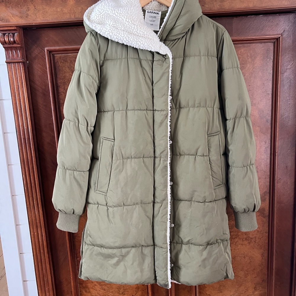Garage Olive Puffer Jacket with Sherpa Hood